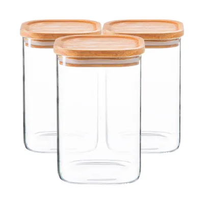 Produktbild von Quadratische Vorratsgläser aus Glas mit Holzdeckel – 1,1 Liter – 3er-Pack