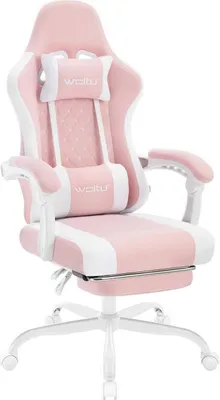 A pink and white gaming chair with a headrest and lumbar pillow.