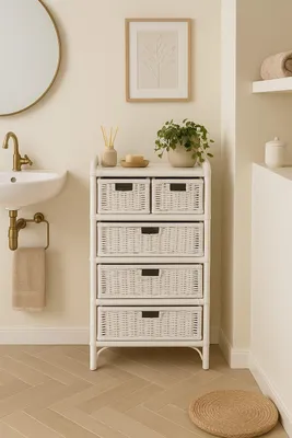 A bathroom with a sink, a rattan drawer unit, and a mirror.