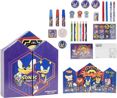 A collection of Sonic the Hedgehog themed stationery and advent calendar items.