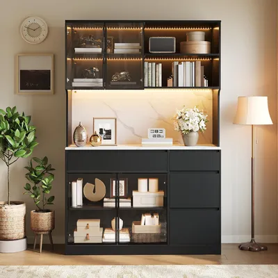 Produktbild von Flieks Hochschrank mit Glaselemente, integrierte LED-Leuchten, vielfältiger Stauraum, Küchenbuffet 120x40x180cm, Küchenschränke, Schwarz+Weiß