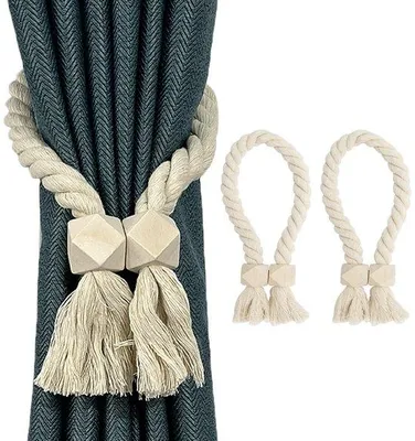 Produktbild von Ibenzoa® Magnetische Gardinenhalter 2er-Set – Boho handgewebt aus Baumwolle, Gesamtlänge 55 cm, mit Quasten & Holzperlen, vernickelte Magnete für Vorhänge