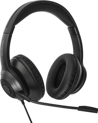 A studio shot of a black headset with a microphone.