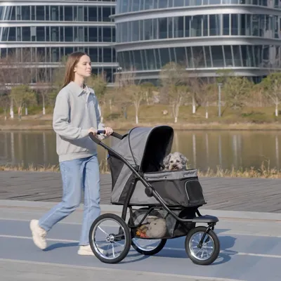 Produktbild von Hundebuggy mit Luftreifen für Jogger, Hundewagen klappbar Polyester-Stahl, Grau | 111 x 58 x 107 cm | bis 20 kg | 3 geländegängige Räder