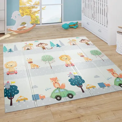 Produktbild von Spielmatte Krabbelmatte Baby Matte Faltbar Abwischbar Wendbar Tiere Creme Grau Blau Grösse 180x200 cm