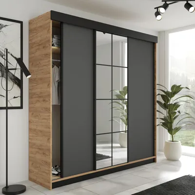 Produktbild von KIER FURNITURE Schiebegarderobe LAMARO mit Spiegel. Schrank Schlafzimmer 200x205x59cm