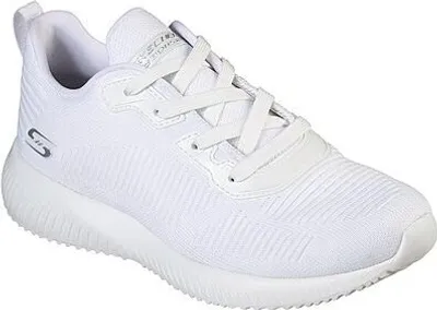 A white Skechers sneaker is shown from a side angle against a white background.
