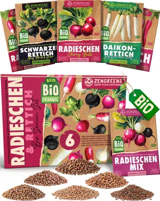 Produktbild von ZenGreens® Bio Radieschen- & Rettichsamen Set 6 Sorten – samenfestes Saatgut, KI-generiertes Bild