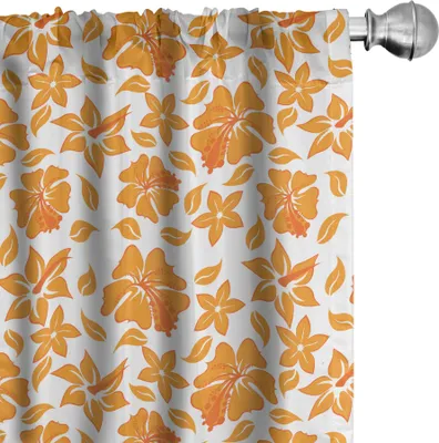 Zdjęcie produktu dla ABAKUHAUS Zasłony ogrodowe, firanki, kwitnące kwiaty hibiskusa w stylu retro – abstrakcyjny wzór wiosennych pól i łąk, 2 sztuki 75 x 245 cm, pomarańczowo-białe