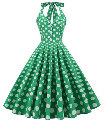 Productafbeelding van Vintage cocktailjurk uit de jaren '50 met stippen, halterneck, wijde rok en bloemenprint, met knoopsluiting