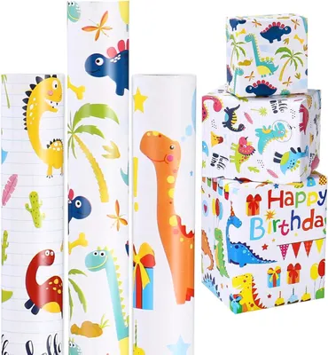 Imagen del producto de Papel de regalo con motivos de dinosaurios, 3 rollos, 43 cm x 300 cm, reciclable, para niños
