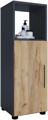 A tall, narrow cabinet with a wooden door and an open shelf above, displaying toiletries.