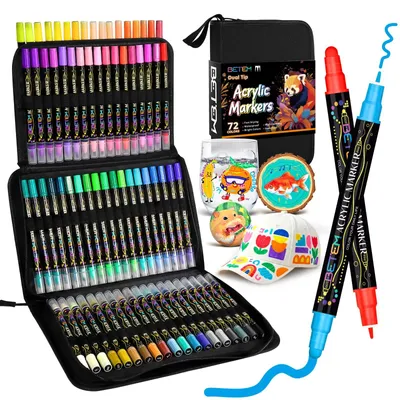 Obrázok produktu pre Omgoods – 72 farieb, fixky s dvojitou špičkou na akrylové farby – ideálne pre kreatívne projekty