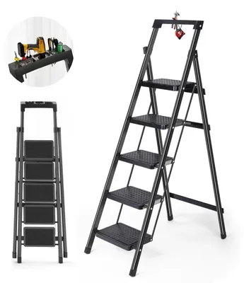 5-Stufen-Klappleiter, zusammenklappbar, rutschfest, tragbar, 155 cm Höhe