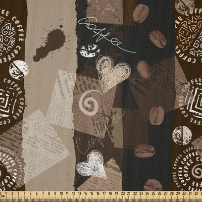 Produktbild von ABAKUHAUS Braun Microfaser Stoff als Meterware , Kaffee-Typografie-Herzen und Bohnen auf abstraktem gestreiftem Grungy Hintergrund in den braunen Tönen, 10 M (230 x 1000 cm), Braun