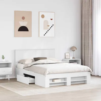 Produktbild von （Robust Möbel） Bettrahmen mit Kopfteil Weiß 150 x 200cm Holzwerkstoff - CL778182 - Klassische BettenJugendbett Tagesbett