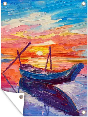 Produktbild von MuchoWow® 30x40 cm Outdoor-Poster Gartendeko Sichtschutz Garten Poster für den Garten  Malerei - Boot - Ölfarbe - Wasser