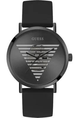 A black Guess watch with a triangular design on the face.