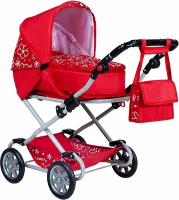 A red doll stroller with a white floral pattern, shown against a white background.