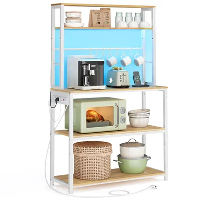 Produktbild von VASAGLE Küchenregal mit LED-Beleuchtung, Standregal mit Steckdosen, Mikrowellen-Regal mit verstellbaren Ablagen, 8 Haken, 40 x 80 x 168,4 cm