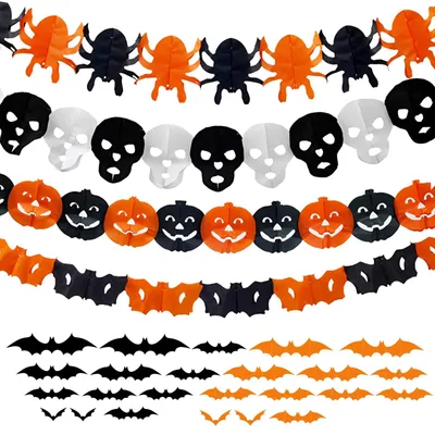 Halloween-Dekoration: Kürbis, Spinne, Fledermaus, Geist – Girlande & Aufkleber