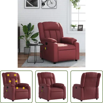A collage of images showing a burgundy massage chair from different angles, with one image highlighting the massage points.