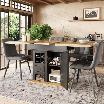 A dining room scene with a table and chairs, featuring a multi-functional dining table with storage.