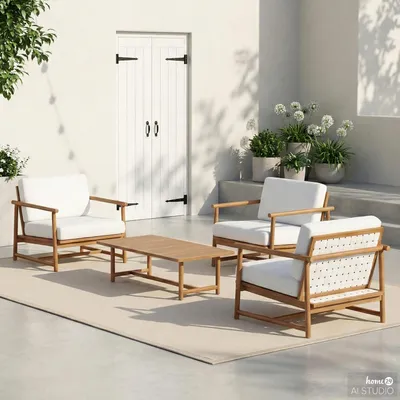 Produktbild von home24 Loungegruppe - 4-teilig - Akazie massiv / Webstoff - Akazie Braun / Creme