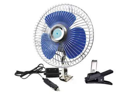A portable fan with accessories on a white background.