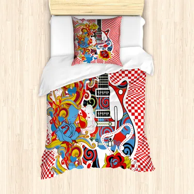 Produktbild von ABAKUHAUS Rockmusik Mantele, 60er inspirierte Gitarre, Milbensicher Allergiker geeignet mit Kissenbezügen, 135 cm x 200 cm - 80 x 80 cm, Mehrfarbig