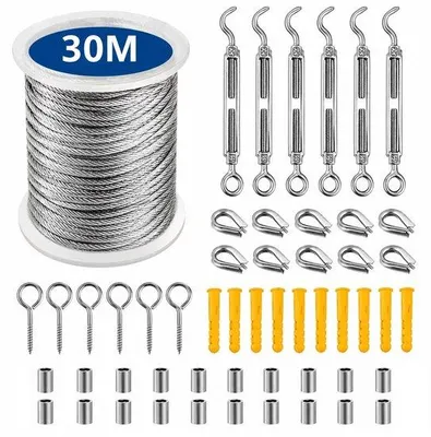 Produktbild von Edelstahl-Drahtseil-Set - 30 m - 2 mm - AISI 304 - Mit Haken, Schraubösen und Befestigungsteilen - Für Wäscheleinen, Kletterpflanzen,Zeltleinen,Garten