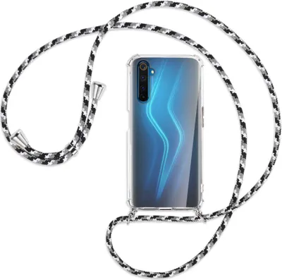 Produktbild von Handykette Backcover-Schutzhülle mit Band (Metall silberfarben) für Realme 6 Pro - schwarz/grau/weiß