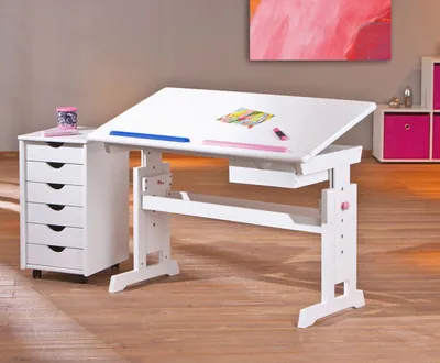 Kinderschreibtisch Baru + Rollcontainer Simon Kiefer weiß Komplettset