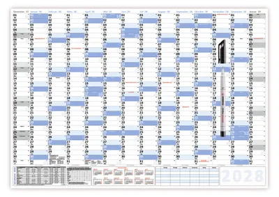 Produktbild von XXL Wandkalender DIN B1 2028 blau, nass abwischbar + Folienstift schwarz Format 100 x 70cm Jahresplaner Wandplaner gerollt Neutraler Kalender Feiertage aller Bundesländer