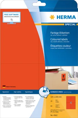 Produktbild von HERMA Etiketten A4 rot 105x148mm Papier matt ablösbar 80St.