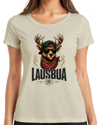 Produktbild von Jausenbua Hirsch Alpen Bayern Edelweiss Tracht Cool Lederhose Jagd Damen T-Shirt, Natur, 3XL