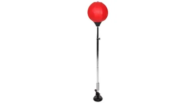 A red boxing speed ball on a silver adjustable stand with a suction cup base.