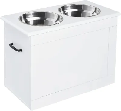 Obrázek produktu pro Krmná stanice pro psy - Stojan na vyvýšené misky - 2 misky, dřevo, 4 l, 60 × 30 × 41 cm - Bílá