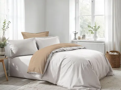 Produktbild von L'Essentiel Linge de Maison, Hochwertiges Ranforce XXL Bettwäsche Set (1 Stück), 155 x 220 cm, 100% Baumwolle, 117 gr/m², 155 Fäden, Weiß und Beige, Maschinenwaschbar bei 30 °C, Knopfverschluss.