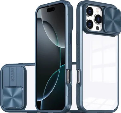 Immagine prodotto di Custodia per iPhone 16 Pro Custodia ibrida trasparente in TPU con cover fotocamera scorrevole blu