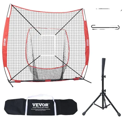 Image de VEVOR 244 x 106 x 211 cm Filet d'entraînement de base-ball softball, filet d'entraînement de base-ball portable, frapper, attraper, pitcher, équipement de base-ball backstop avec cadre d'arc, sac de transport, zone de frappe, balle rouge.