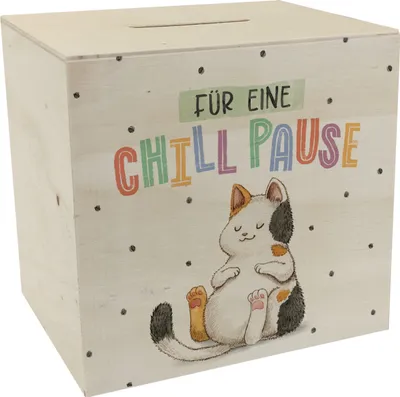 Produktbild von Glückskatze Spardose aus Holz mit Spruch Für eine Chill Pause