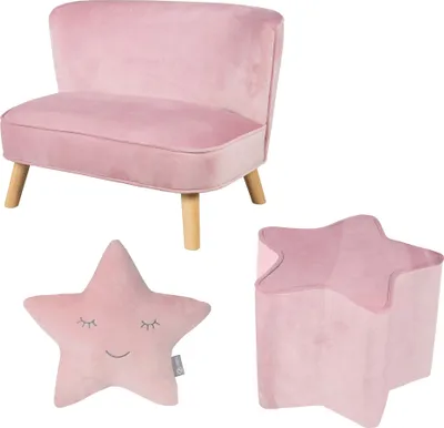 Produktbild von roba Bundle „Lil Sofa” enthält Kindersofa, Kinderhocker in Sternenform, Dekokissen Stern rosa/mauve