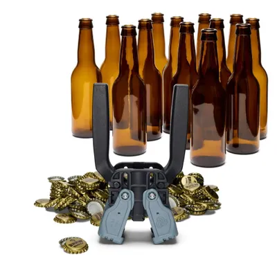 Produktbild von Brew Monkey® Flaschen Set | 13 Bierflaschen, Kronenverkorker und 25 Kronkorken | Leere Bierflaschen für ein Bierbrauset | Verschlussgerät | Manueller