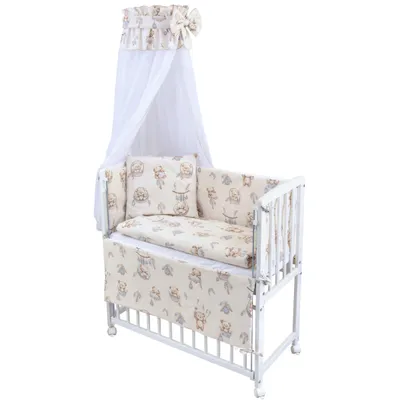 Produktbild von Beistellbett Babybett weiß 90x40 inkl. Matratze und Bettwäsche Set komplett Teddy Beige