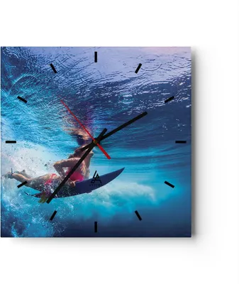 Produktbild von Wanduhr - Quadrat - Glasuhr - Surfen Frau Unterwasser - 30x30cm - Schleichendes Uhrwerk - Lautlos - zum Aufhängen bereit - Dekoration Modern - Wanddekoration aus Glas - C3AC30x30-4274