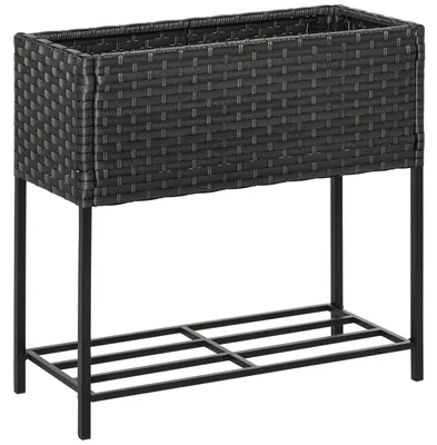 Immagine prodotto di Aiuola Rialzata Fioriera In Polyrattan Con Piedini E Ripiano, Marrone, 70 X 30 X 72 Cm