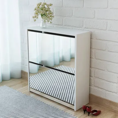 Produktbild von The Living Store Schuhschrank mit 2 Fächern Spiegel Weiß 63x17x67 cm