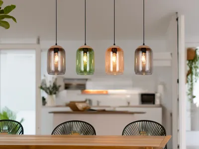 Produktbild von LED Balkenpendelleuchte 4-flammig Esstisch Lampenschirme Glas recycelt, B: 90cm