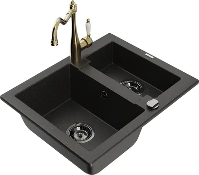 Produktbild von Mexen Carlos 1,5-Becken-Granitspüle mit Mischbatterie Carla, Schwarz/Gold metallisch - 6518-75-670700-50-B